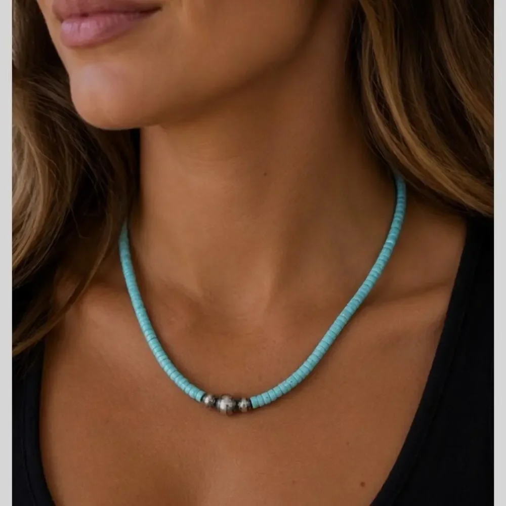 16” Turquoise Heishi Southwestern Necklace Sterling Silver